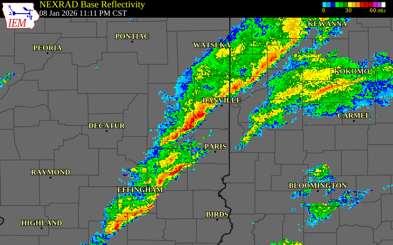 NEXRAD radar during the Thursday, January 8, 2026 storm activity in Vermilion County, Illinois