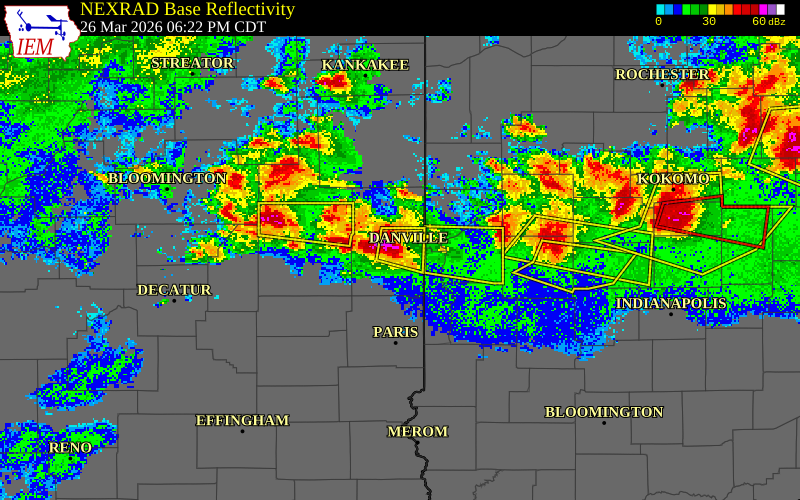 NEXRAD radar during the Thursday, March 26, 2026 storm activity in Vermilion County, Illinois