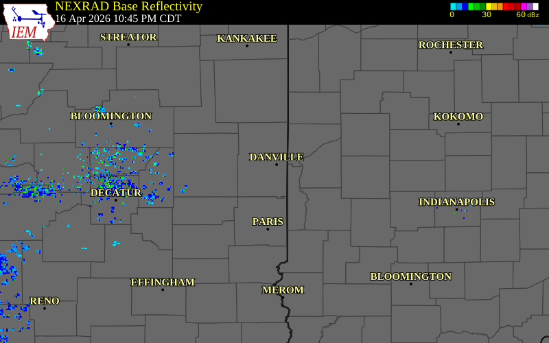 NEXRAD radar during the Thursday, April 16, 2026 storm activity in Vermilion County, Illinois