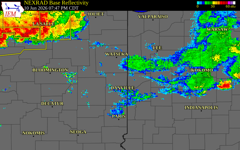 NEXRAD radar during the Wednesday, June 10, 2026 storm activity in Vermilion County, Illinois