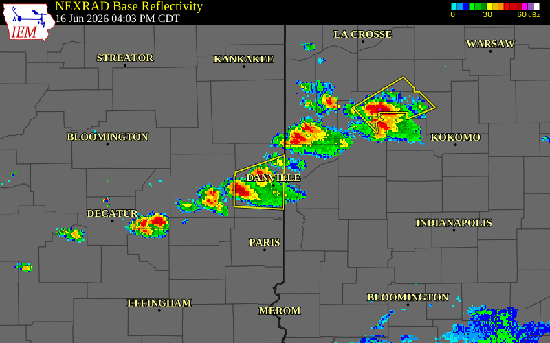 NEXRAD radar during the Tuesday, June 16, 2026 storm activity in Vermilion County, Illinois