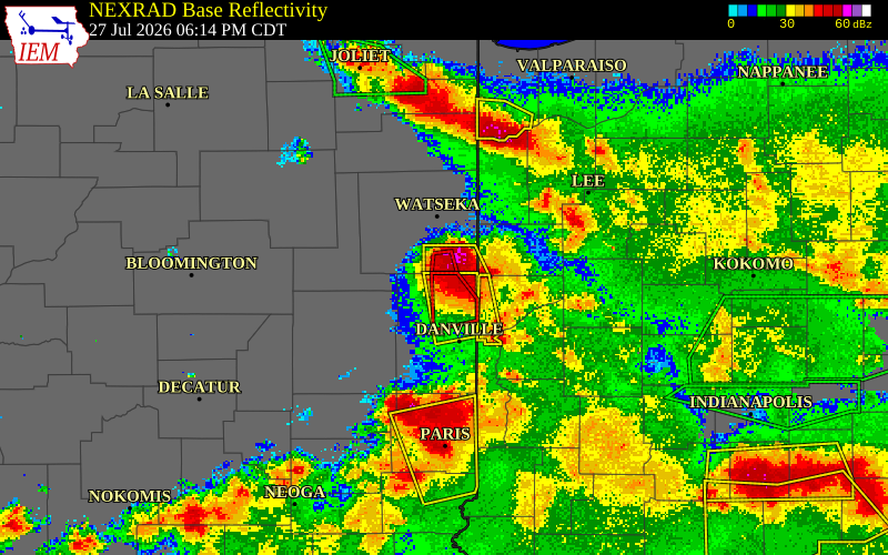 NEXRAD radar during the Monday, July 27, 2026 storm activity in Vermilion County, Illinois