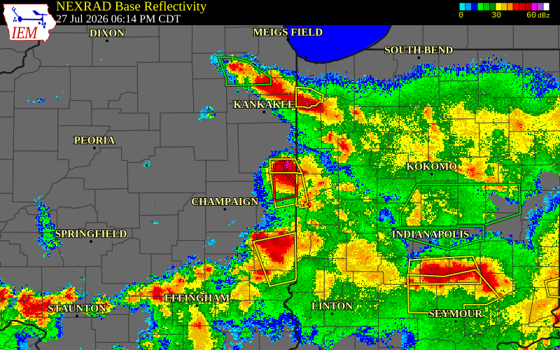 Radar snapshot during the Jul 27, 2026 tornado event near 1 WNW Hoopeston, Vermilion County, Illinois, with NWS warning polygons
