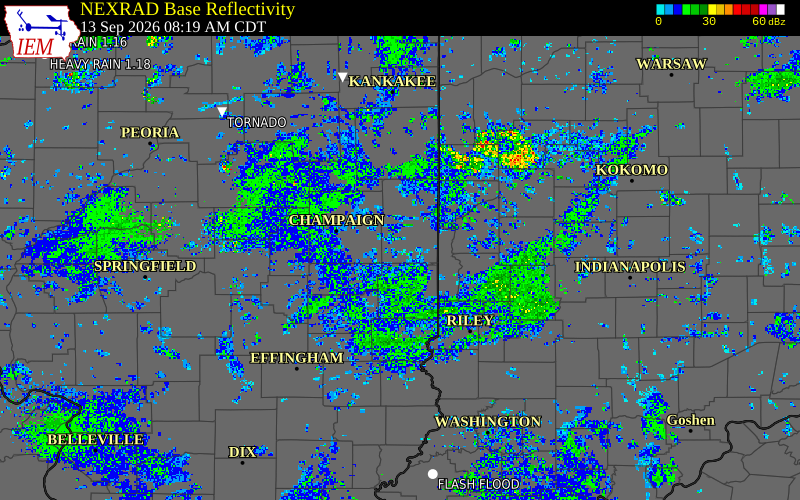 Current NEXRAD radar over Vermilion County, Illinois with recent storm report locations