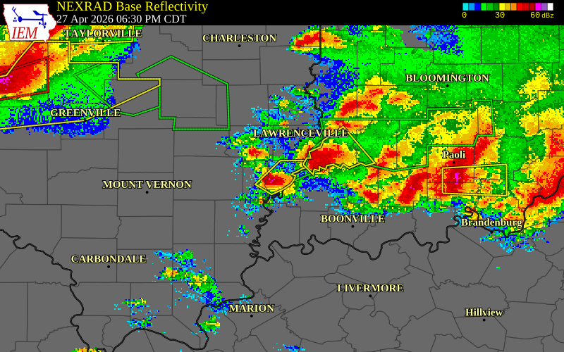 NEXRAD radar during the Monday, April 27, 2026 storm activity in Wabash County, Illinois
