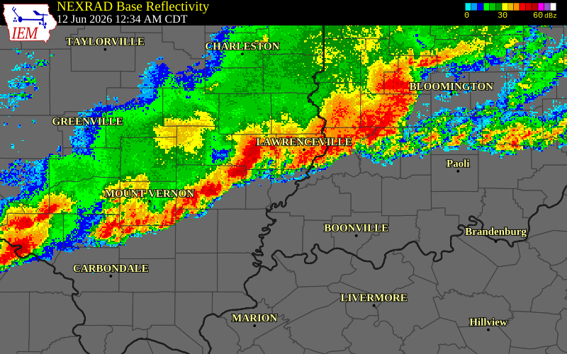 NEXRAD radar during the Friday, June 12, 2026 storm activity in Wabash County, Illinois