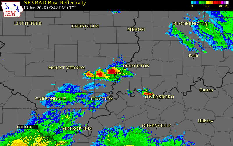 NEXRAD radar during the Saturday, June 13, 2026 storm activity in Wabash County, Illinois