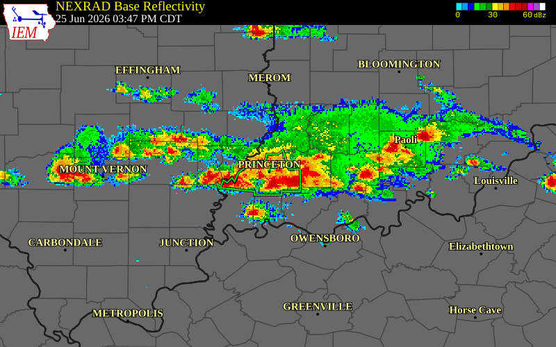 NEXRAD radar during the Thursday, June 25, 2026 storm activity in Wabash County, Illinois