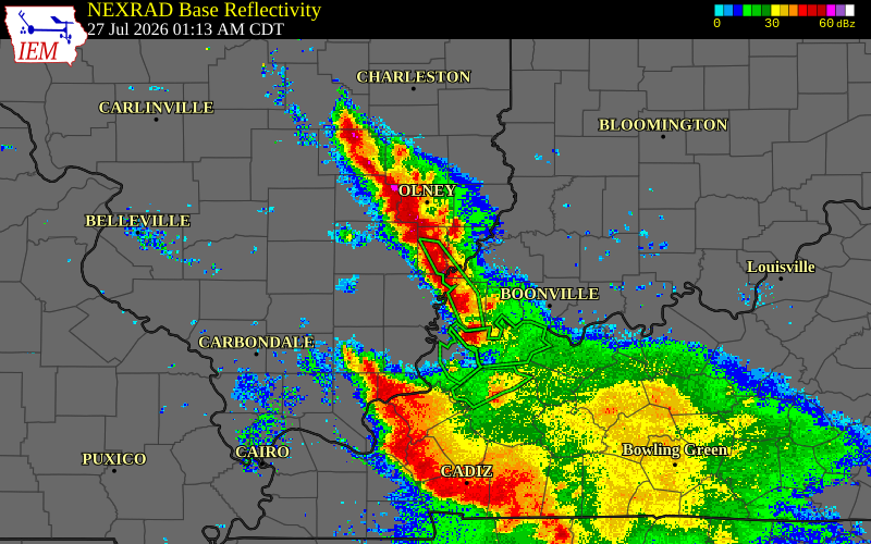 Radar snapshot during the Jul 27, 2026 wind event near Wabash County, Wabash County, Illinois, with NWS warning polygons