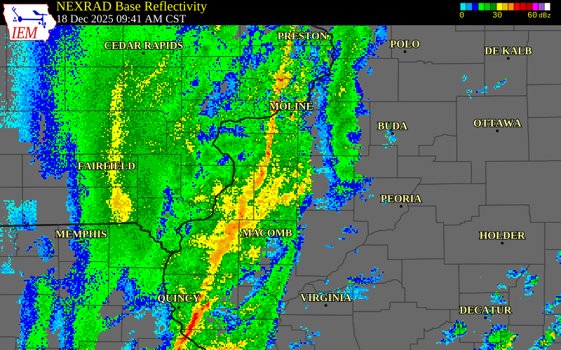 NEXRAD radar during the Thursday, December 18, 2025 storm activity in Warren County, Illinois