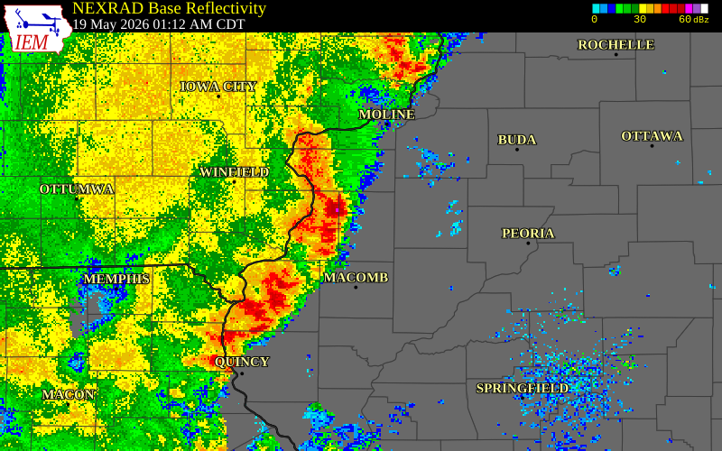 NEXRAD radar during the Tuesday, May 19, 2026 storm activity in Warren County, Illinois