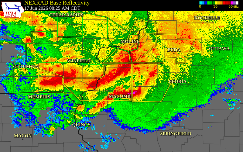 NEXRAD radar during the Wednesday, June 17, 2026 storm activity in Warren County, Illinois