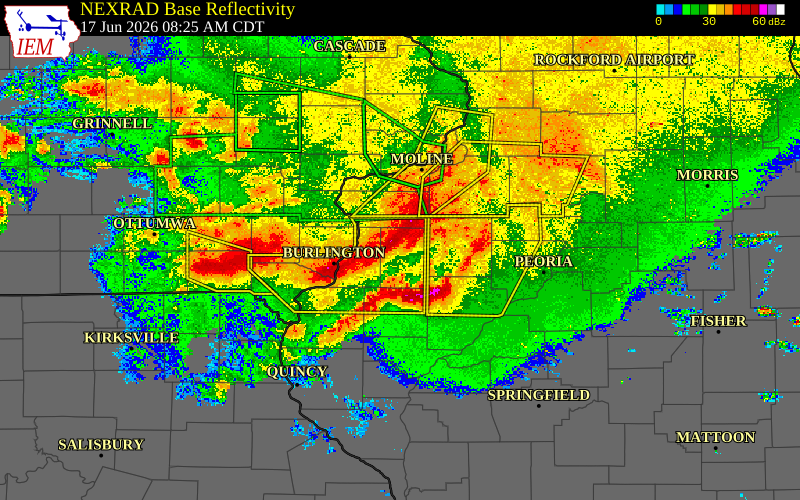 Radar snapshot during the Jun 17, 2026 tornado event near Monmouth, Warren County, Illinois, with NWS warning polygons
