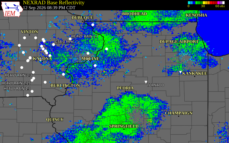 Current NEXRAD radar over Warren County, Illinois with recent storm report locations