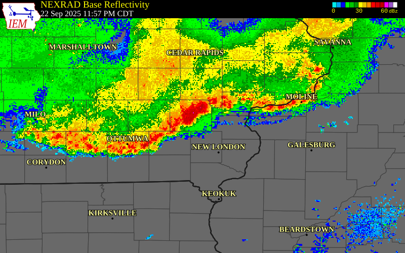 NEXRAD radar during the Monday, September 22, 2025 storm activity in Washington County, Illinois