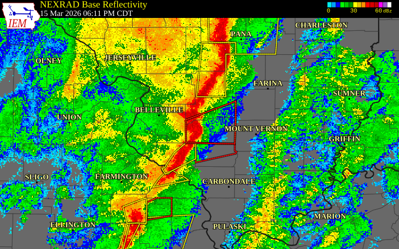 NEXRAD radar during the Sunday, March 15, 2026 storm activity in Washington County, Illinois