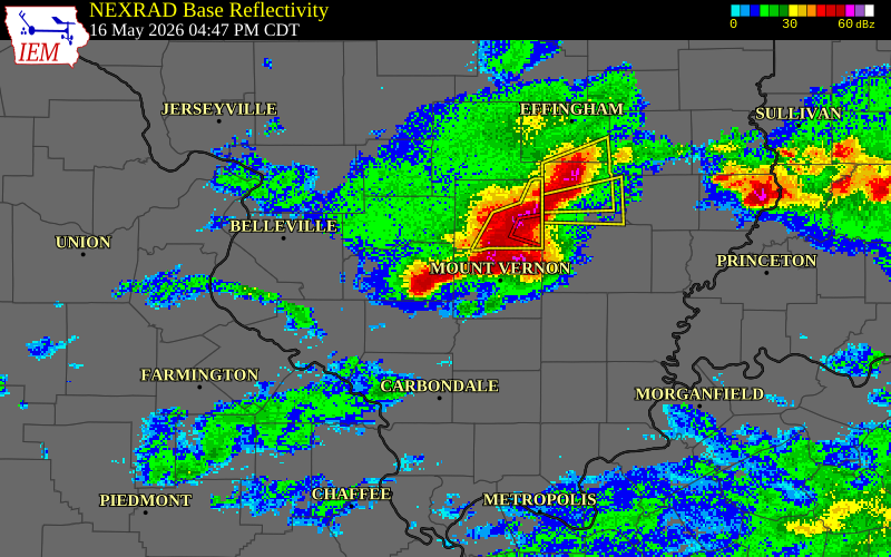 NEXRAD radar during the Saturday, May 16, 2026 storm activity in Washington County, Illinois