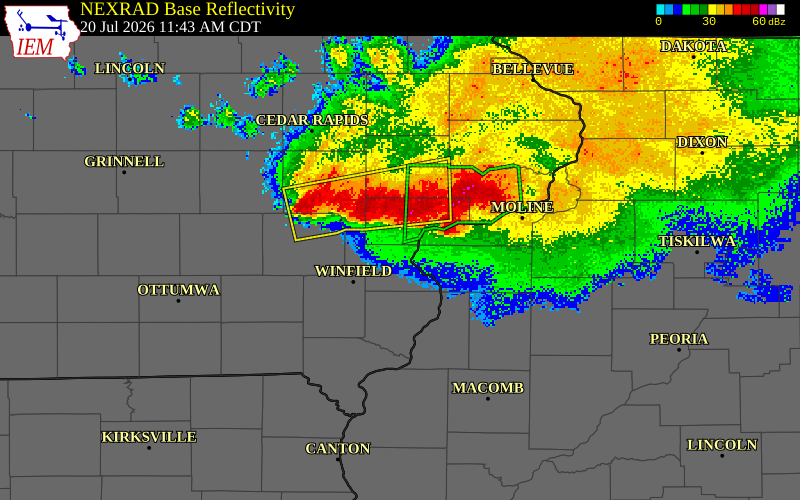NEXRAD radar during the Monday, July 20, 2026 storm activity in Washington County, Illinois