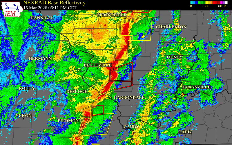 Radar snapshot during the Mar 15, 2026 wind event near Okawville, Washington County, Illinois, with NWS warning polygons
