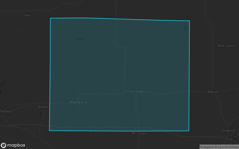 Map of Wayne County, Illinois showing the county boundary and surrounding cities