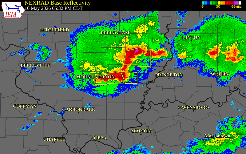 NEXRAD radar during the Saturday, May 16, 2026 storm activity in Wayne County, Illinois
