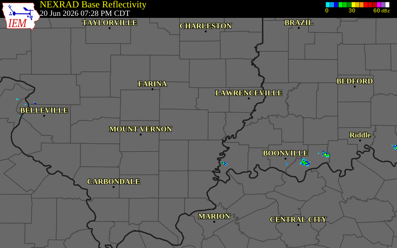 NEXRAD radar during the Saturday, June 20, 2026 storm activity in Wayne County, Illinois