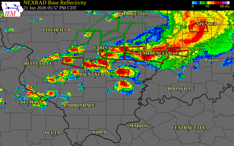 NEXRAD radar during the Sunday, June 21, 2026 storm activity in Wayne County, Illinois