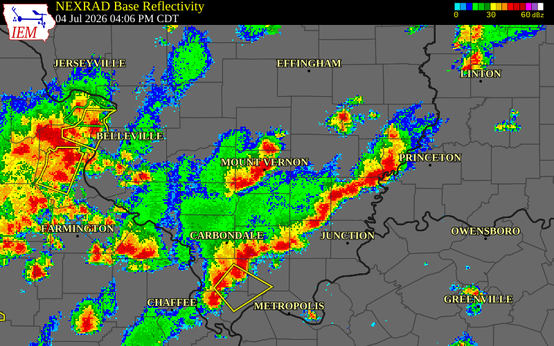 NEXRAD radar during the Saturday, July 4, 2026 storm activity in Wayne County, Illinois