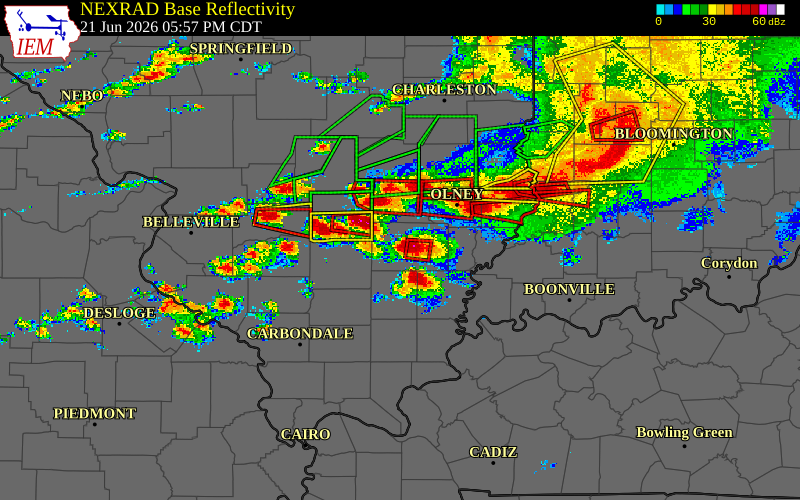 Radar snapshot during the Jun 21, 2026 tornado event near 4 NNE Sims, Wayne County, Illinois, with NWS warning polygons