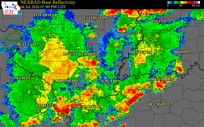 NEXRAD radar during the Saturday, July 4, 2026 storm activity in White County, Illinois