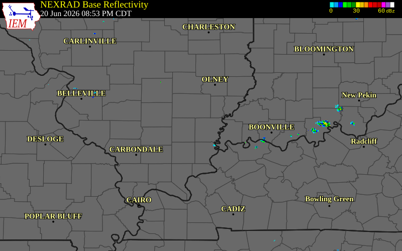 Radar snapshot during the Jun 20, 2026 tornado event near 4 NE Enfield, White County, Illinois, with NWS warning polygons