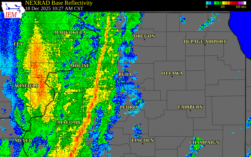 NEXRAD radar during the Thursday, December 18, 2025 storm activity in Whiteside County, Illinois
