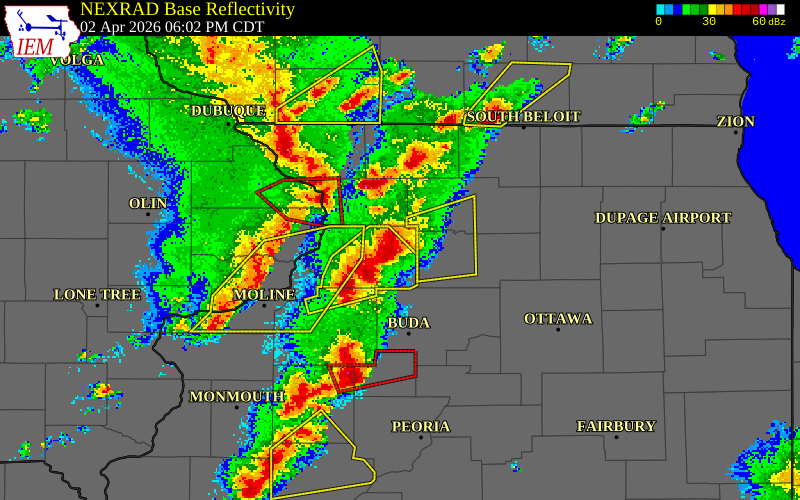 NEXRAD radar during the Thursday, April 2, 2026 storm activity in Whiteside County, Illinois