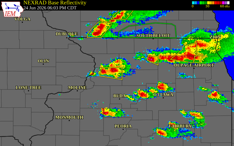 NEXRAD radar during the Wednesday, June 24, 2026 storm activity in Whiteside County, Illinois