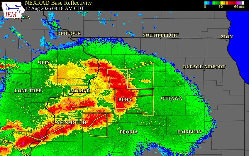 NEXRAD radar during the Wednesday, August 12, 2026 storm activity in Whiteside County, Illinois