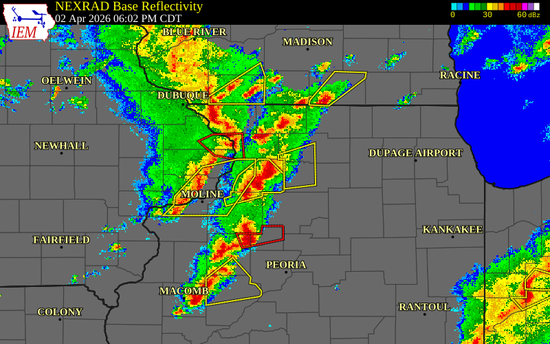 Radar snapshot during the Apr 2, 2026 tornado event near 2 WSW Sterling, Whiteside County, Illinois, with NWS warning polygons