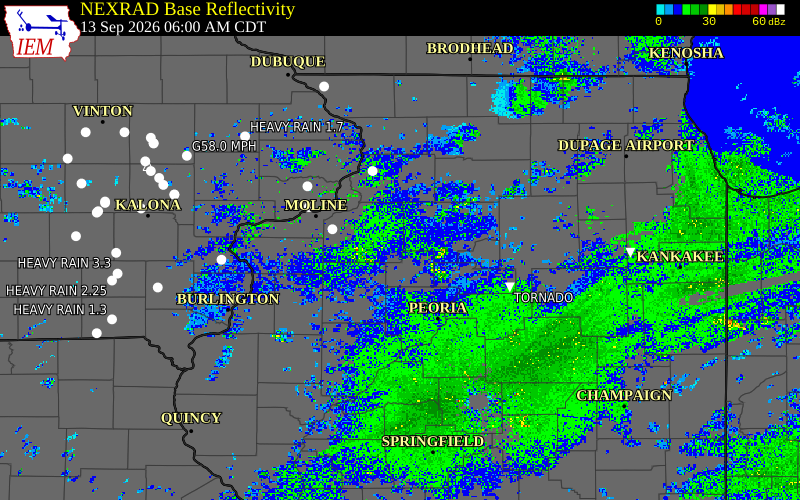 Current NEXRAD radar over Whiteside County, Illinois with recent storm report locations