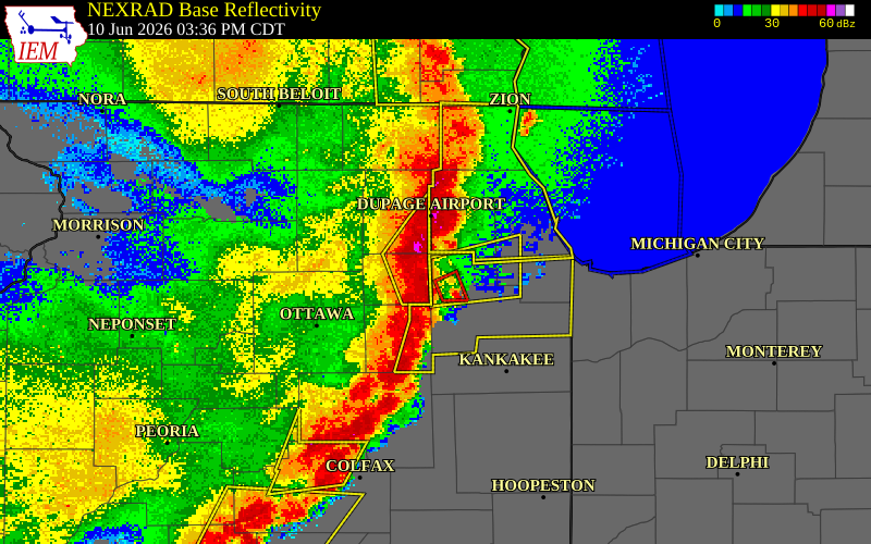 NEXRAD radar during the Wednesday, June 10, 2026 storm activity in Will County, Illinois