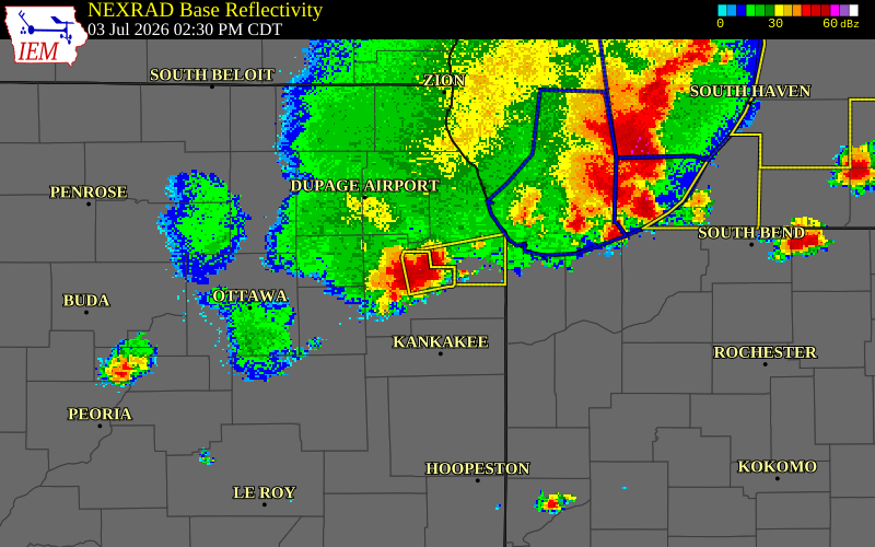NEXRAD radar during the Friday, July 3, 2026 storm activity in Will County, Illinois