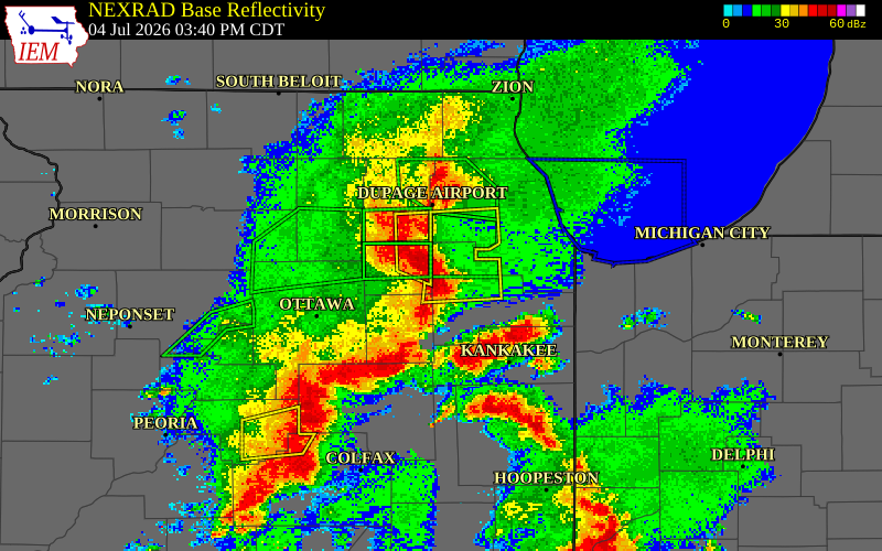 NEXRAD radar during the Saturday, July 4, 2026 storm activity in Will County, Illinois