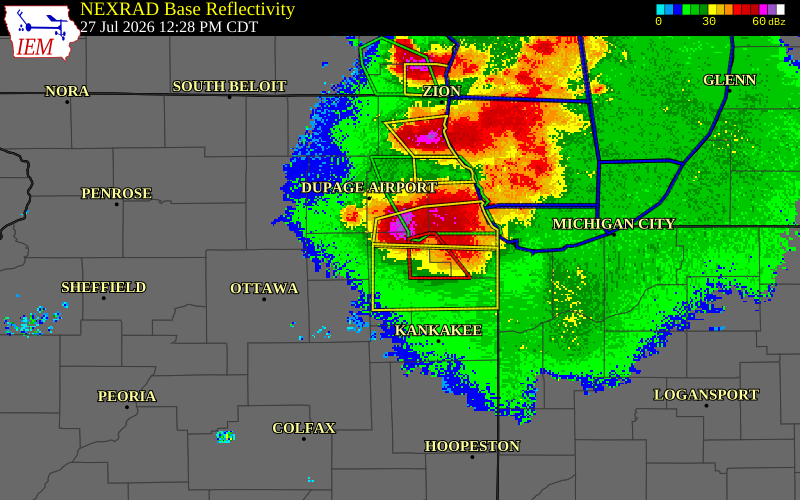 NEXRAD radar during the Monday, July 27, 2026 storm activity in Will County, Illinois