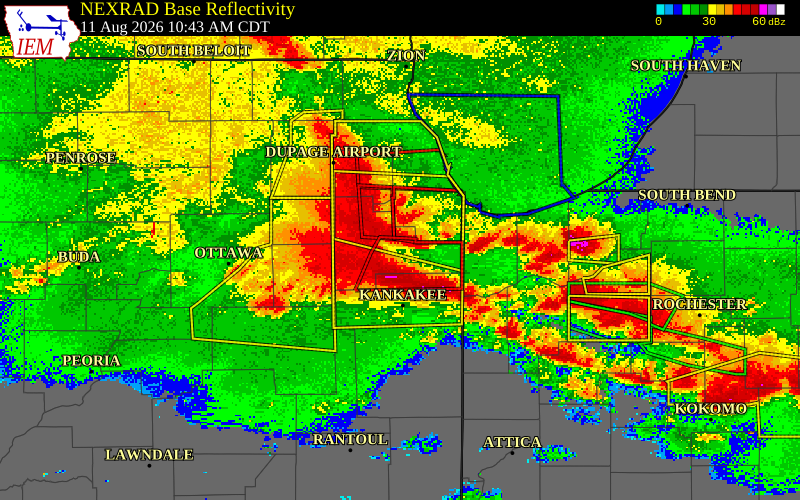 NEXRAD radar during the Tuesday, August 11, 2026 storm activity in Will County, Illinois