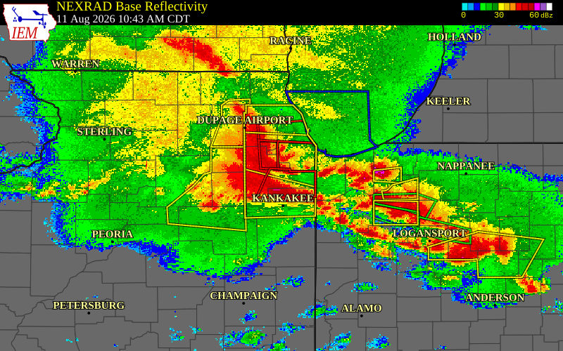 Radar snapshot during the Aug 11, 2026 tornado event near 5 SSW Frankfort, Will County, Illinois, with NWS warning polygons