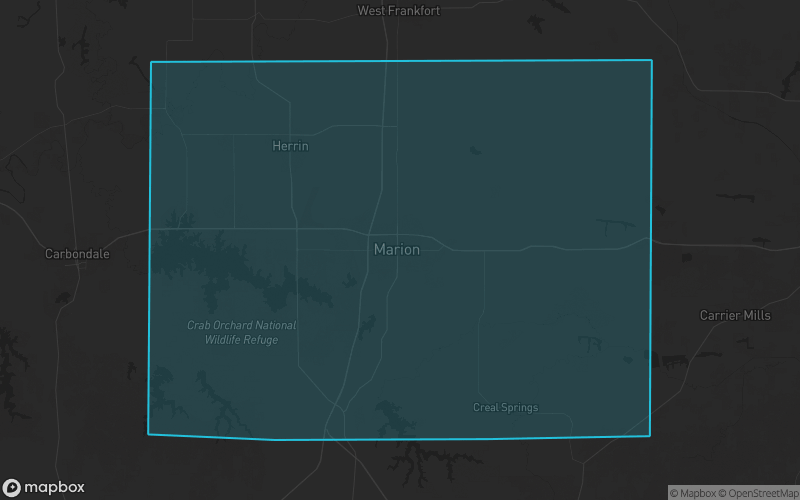 Map of Williamson County, Illinois showing the county boundary and surrounding cities