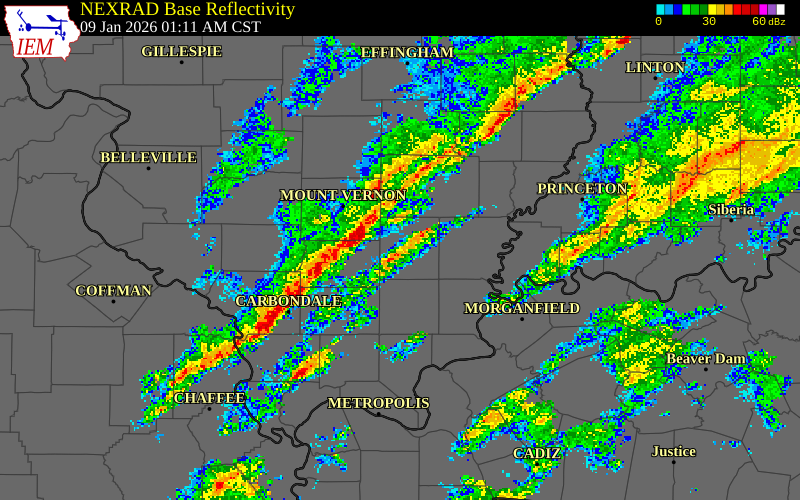 NEXRAD radar during the Friday, January 9, 2026 storm activity in Williamson County, Illinois