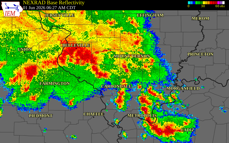 NEXRAD radar during the Monday, June 1, 2026 storm activity in Williamson County, Illinois