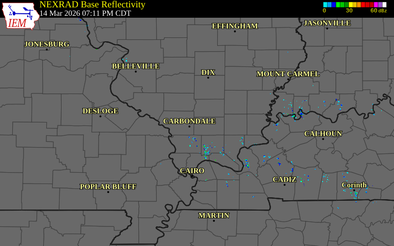 Radar snapshot during the Mar 14, 2026 wind event near Cambria, Williamson County, Illinois, with NWS warning polygons