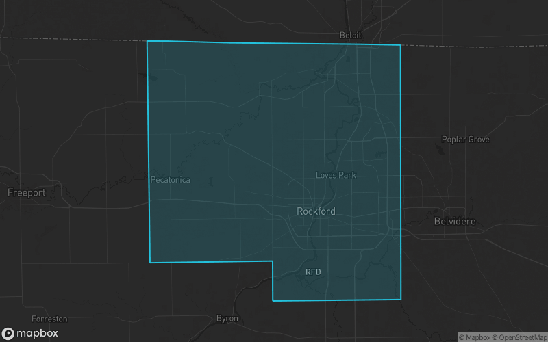 Map of Winnebago County, Illinois showing the county boundary and surrounding cities