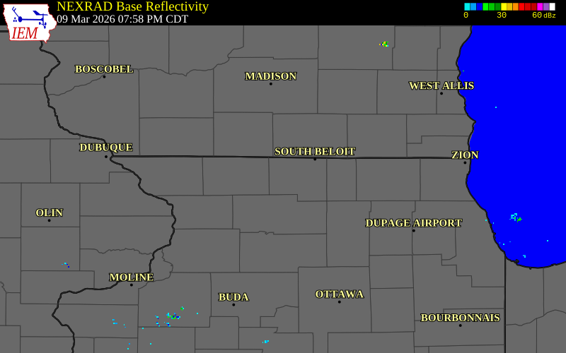 NEXRAD radar during the Monday, March 9, 2026 storm activity in Winnebago County, Illinois