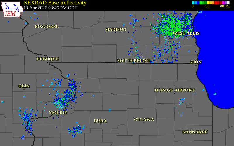 NEXRAD radar during the Monday, April 13, 2026 storm activity in Winnebago County, Illinois